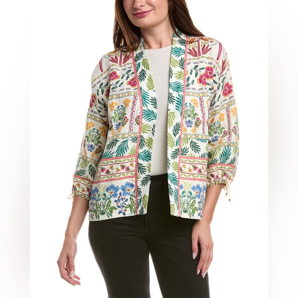 NWT Johnny Was JWLA Tie Sleeve Linen Cropped Kimono J43425-3